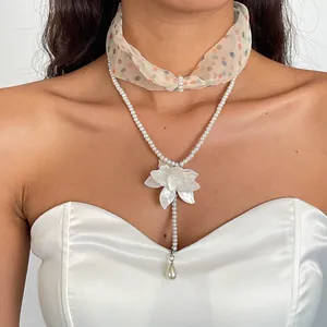 Vintage Artificial Pearl Double Layer Necklace With Resin Flower Pendant Multicolor Polka Dot Chiffon Ribbon Clavicle Chain Jewelry For Women
