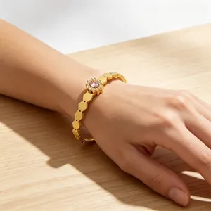 Bracelet vintage en acier inoxydable avec motif tournesol et placage or 18 carats
