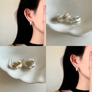 Boucles d'oreilles Clous Rondes Ridées Mode Coréenne Luxe Épissage Or Argent Alliage Plissées Géométriques Femmes Bijoux