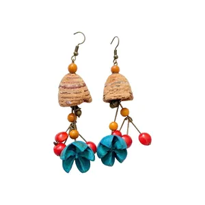 Ethnic vintage wooden flower drop earrings with colorful beads and bronze hooks