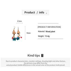 Ethnic wood flower drop earrings detail showing 10cm length and material specs