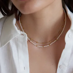 Minimalistische Edelstahl Halskette Damen 18K Vergoldet Doppellagige Künstliche Perle Zirkonia Anhänger Perlenkette