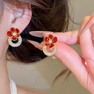 Orecchini a Bottone a Fiore in Smalto Rosso Con Perno in Argento Sterling 925 Rame Zirconia Gioielli Vintage da Donna