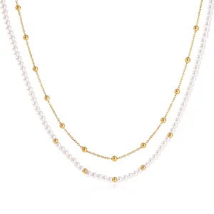 Elegant double-layered stainless steel necklace with 18k gold plating and acrylic pearls