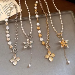 Mode Kunstparel Kralen Bloem Hanger Ketting Voor Vrouwen Goud Zilver Legering Knebelversluiting Choker Sieraden