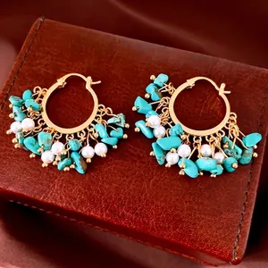 Boucles d'Oreilles Créoles en Cuivre Plaqué Or 18K Style Palais Vintage Avec Tige en Argent Sterling 925 Pierre Turquoise Et Perle Artificielle Bijoux pour Femmes