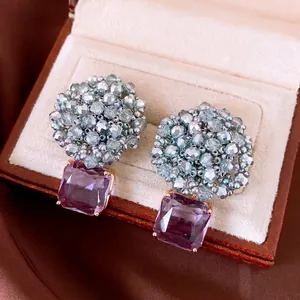 Luxe Paarse Zirconia Vierkante Hanger Oorknopjes Voor Dames Zilveren Oorsteker Kralen Rond Geometrisch Koper Glas Oorbellen
