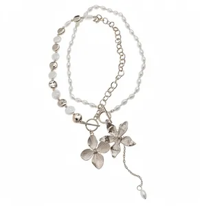 Mode Künstliche Perle Perlen Blume Anhänger Halskette Für Damen Gold Silber Legierung Knebelverschluss Halsband Schmuck
