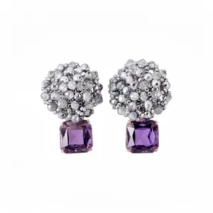 Luxury Purple Zirconia Square Pendant Stud Earrings For Women Silver Earring Post Beaded Round Geometric Copper Glass Earrings