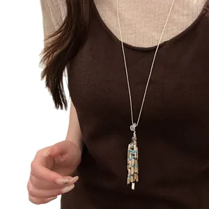 Elegant Korean style long sweater chain necklace with beaded tassel pendant for women