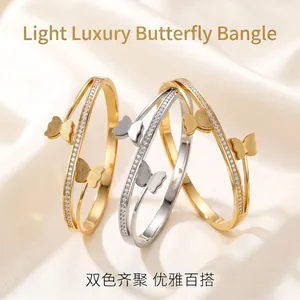 Dames Dubbellaagse Vlinder Armring Roestvrij Staal Goud Zilver Verguld Ingelegd met Strass Mode Sieraden Cadeau
