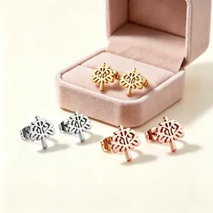Edelstahl Baum des Lebens Hohl Ohrstecker Mit Strass Geometrisch Rund Gepflastert Kleine Ohrringe Schmuck Für Damen