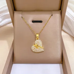 Vergulde Roestvrijstalen Hart Hanger Ketting Voor Vrouwen Glanzende Strass Bliksemstraal Patroon Sleutelbeen Ketting Sieraden Cadeau