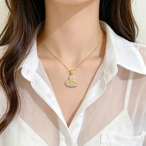 Vergoldete Edelstahl Herz Anhänger Halskette Für Damen Glänzende Strass Blitz Muster Schlüsselbein Kette Schmuck Geschenk