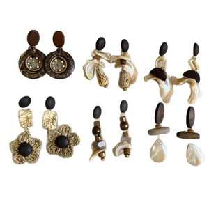 Set of 6 pairs vintage Bohemian wooden and shell dangle earrings for ethnic vacation style