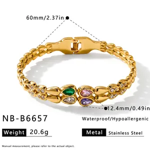 Detail view of gold stainless steel water drop zircon bracelet with measurements and weight