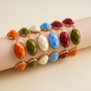 Detailed view of retro geometric resin bracelets with colorful faceted oval stones