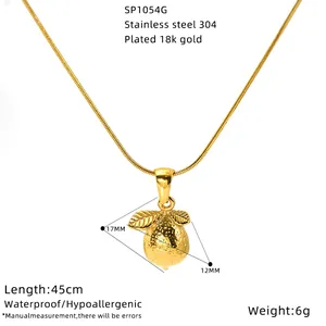 Detailed measurements and 304 stainless steel material specs for gold lemon necklace