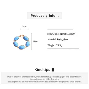 Specifications for blue resin oval geometric bracelet showing 18cm length and material details.