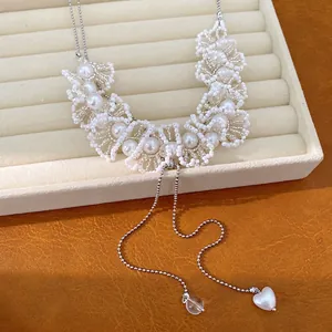 Vintage French style beaded lace pearl necklace with heart drawstring closure