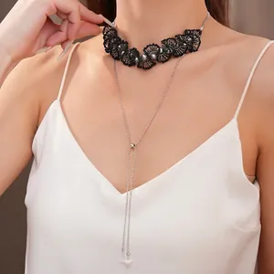Elegant beaded lace choker with adjustable pearl long chain necklace in French vintage style