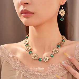 Exquisite vintage floral resin necklace and earring jewelry set with green accent beads