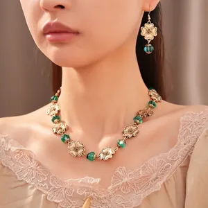 Exquisite vintage floral necklace and earring jewelry set with emerald resin beads