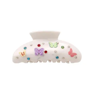 Acrylic Floral Print Hair Claw Clip For Women Butterfly Rhinestone Shark Clip Sweet Niche Elegant Updo Hair Accessories