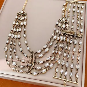 Multi-layer gold rhinestone necklace with teardrop crystals and lip-shaped charms