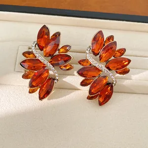 Exquisite vintage style orange leaf earrings featuring sparkling crystal rhinestone accents