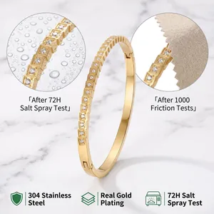 Durable gold-plated stainless steel bangle with zircon detailing and 72H salt spray test info