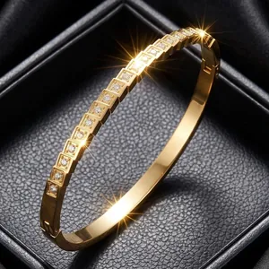 Stainless Steel Rhinestone Bangle Bracelet For Women 18K Gold Plated Irregular Geometric Bangle Fashion Jewelry Gift