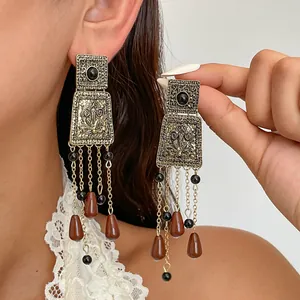 Boucles d'Oreilles Pendantes Vintage en Alliage et Acrylique avec Franges Longues Pendentif Géométrique Tige en Argent