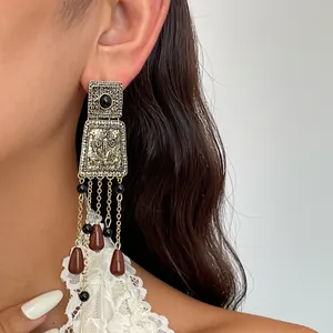 Détail de boucles d'oreilles vintage à pampilles en métal et perles acryliques sur un modèle