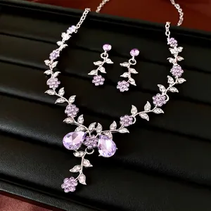 Rhinestone Flower Leaf Necklace Earring Set Alloy Clavicle Chain Jewelry Set For Women Light Luxury Wedding Party Jewelry