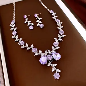 Elegant purple rhinestone flower and leaf jewelry set including necklace and earrings