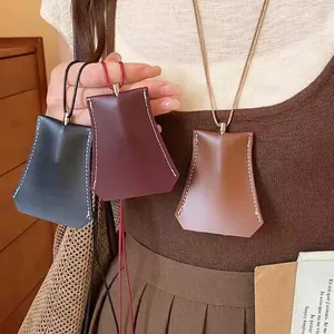 Geometric Artificial Leather Key Pouch Pendant Necklace Women Contrast Stitching Long Cord Sweater Chain Design Commute Accessory