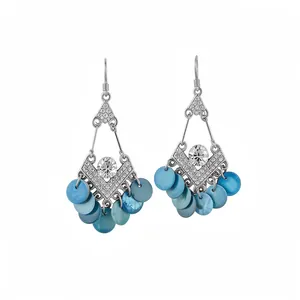 Vintage Etnische Legering Strass Ruit Blauwe Schelp Ronde Kwast Hanger Oorhaken Oorbellen Voor Vrouwen Boho Sieraden