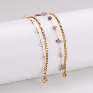 Stainless Steel 18K Gold Plated Double Layer Bracelet For Women Irregular Crushed Stone Cuban Chain Creative Design Jewelry