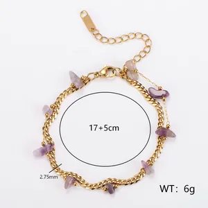 Detail view of 18k gold plated Cuban bracelet with purple stone chips and measurements