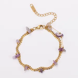 Macro view showing irregular amethyst chips and double-layer gold plated cuban chain links