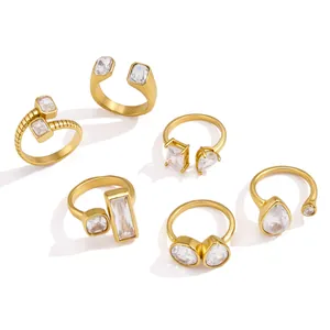Minimalist Stainless Steel Geometric Zirconia Open Ring 18K Gold Plated Adjustable Fashion Jewelry Waterproof Finger Ring For Women