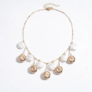 Vintage gold fringe necklace with metallic wrinkled beads and elegant pearls for women