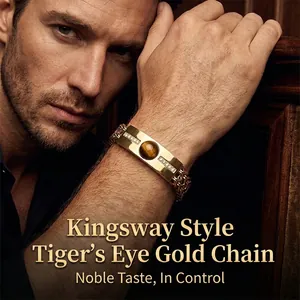 Luxury titanium steel men's bracelet with tiger eye stone and sparkling inlaid diamonds