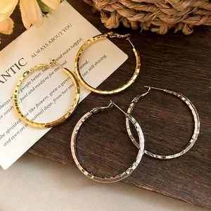 Minimalist large hammered hoop earrings for women, gold and silver textured fashion