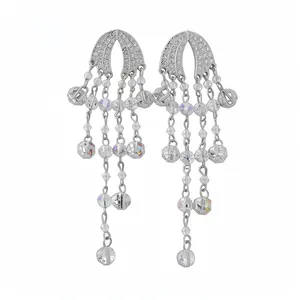 Luxe Legering Strass Kralen Kwastje Hangoorbellen Iriserende Glazen Kralen Lange Oorbellen Met Zilveren Stift Voor Dames