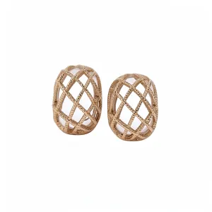 Eleganti Orecchini a Bottone Ovali in Lega a Griglia Cava Con Perno in Argento Gioielli Design Geometrico di Lusso per Donna