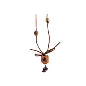 Handmade Wood Puppy Bear Pendant Necklace For Women Korean Velvet Cord Coffee Bean Bow Cute Sweater Chain Mori Girl Necklace