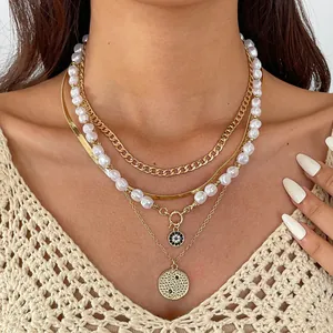 Vintage Gold Color Layered Pendant Necklace For Women Alloy Artificial Pearl Rhinestone Coin Evil Eye Pattern Necklaces Fashion Jewelry