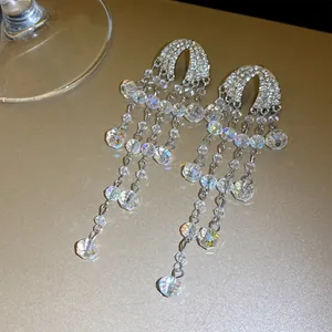 Glamoureuze mode kristallen kwastjes oorbellen met fonkelende strass in zilverkleur